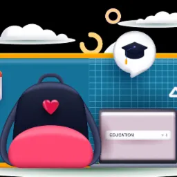 Stylizowana grafika edukacyjna: laptop z paskiem wyszukiwania 'Education', plecak z sercem, kalendarz, tablica w kratkę, chmurki i ikona absolwenta w dymku.