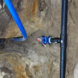 Wykonane w wykopie połączenie rur: niebieska rura PEX i czarna rura z trójnikiem, z zaworem odcinającym z czerwoną zaślepką.