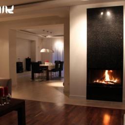 Kominki Janik - Nowoczesny kominek z czarnym, błyszczącym obramowaniem z kamienia, płomienie widoczne w palenisku, otwarte wnętrze domu w tle z jadalnią i salonem.