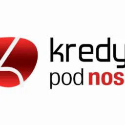Logo firmy oferującej finansowanie z abstrakcyjnym czerwonym kształtem i napisem 'kredyty pod nosem'.