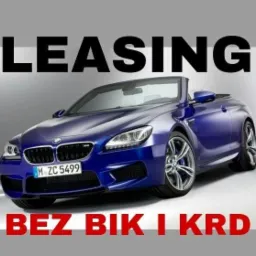 Niebieski kabriolet BMW M6 z napisem LEASING i BEZ BIK I KRD na szarym tle.