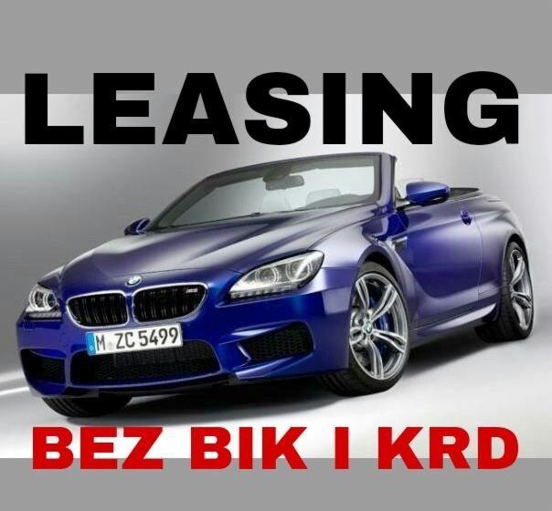 Niebieski kabriolet BMW M6 z napisem LEASING i BEZ BIK I KRD na szarym tle.