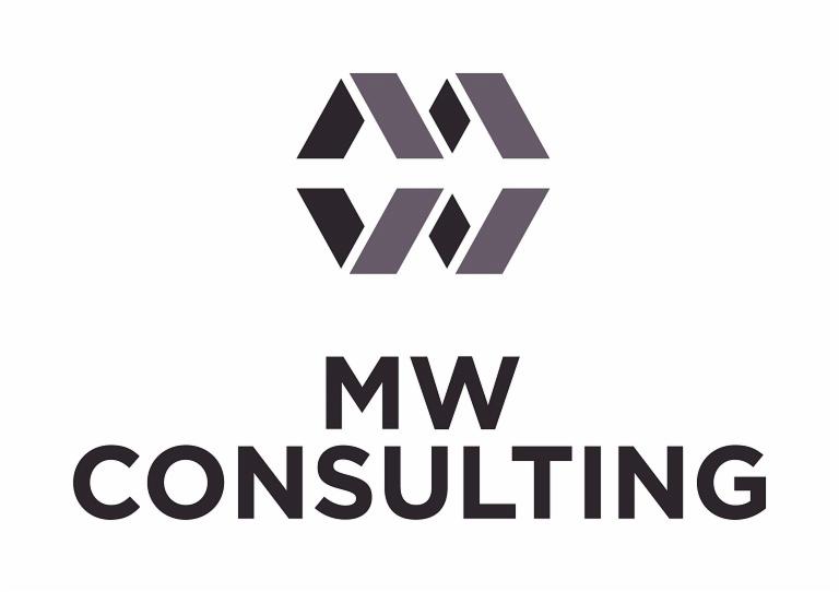 Logo firmy MW Consulting: abstrakcyjny symbol w odcieniach szarości nad nazwą firmy, czarny tekst na białym tle, minimalistyczny design.