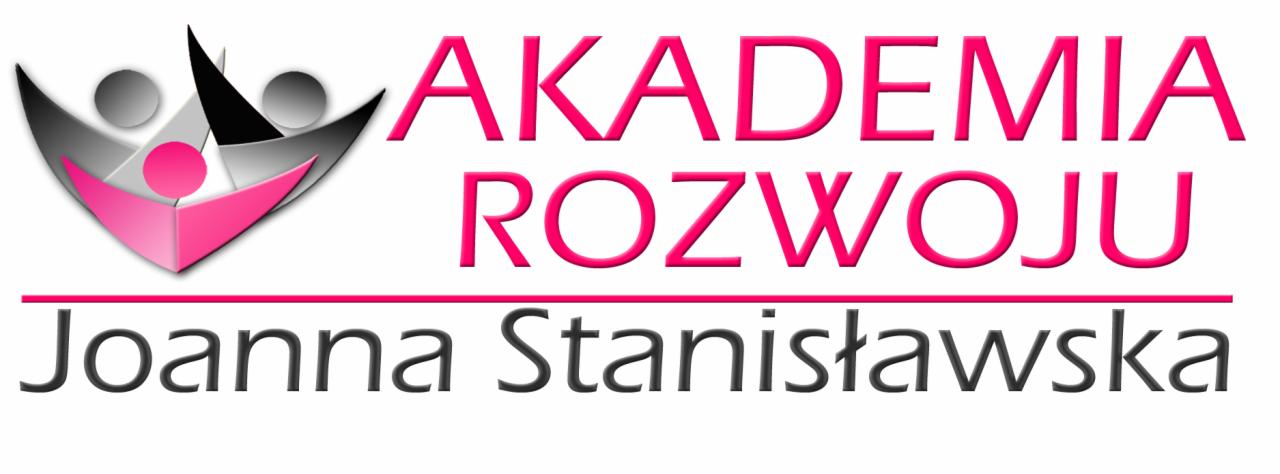 Logo firmy Akademia Rozwoju Joanna Stanisławska z abstrakcyjnym symbolem graficznym w odcieniach szarości i różu.