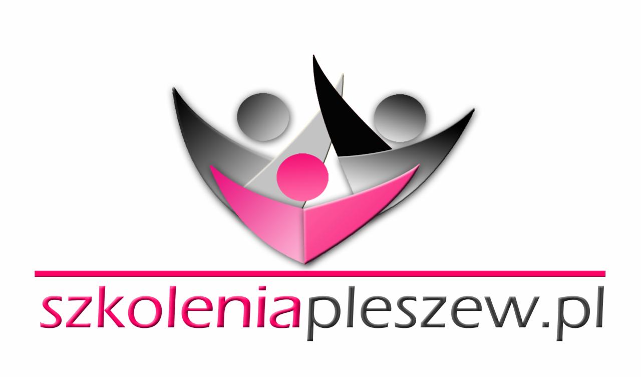 Abstrakcyjne logo firmy szkoleniowej przedstawiające trzy osoby splecione w kształt trójkąta, z nazwą domeny internetowej szkoleniapleszew.pl poniżej.