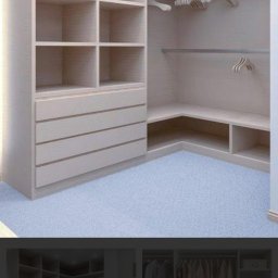 K-Stolar - Jasna, narożna garderoba z półkami, szufladami i drążkami na wieszaki. Oświetlenie punktowe w suficie. Widok na wnętrze szafy z perspektywy.