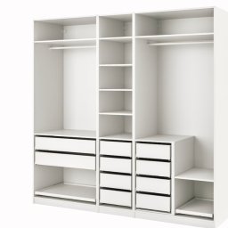 K-Stolar - Biała, modułowa szafa z szufladami i półkami, widok z przodu. Minimalistyczny design, jasne oświetlenie, wnętrze szafy z drążkami na ubrania i wysuwanymi półkami.