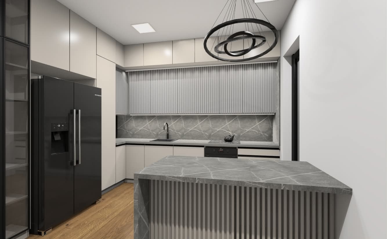 Nowoczesna kuchnia z wyspą, fronty szafek w odcieniach beżu i szarości, marmurowy blat, designerska lampa wisząca. Minimalistyczny wystrój, drewniana podłoga.