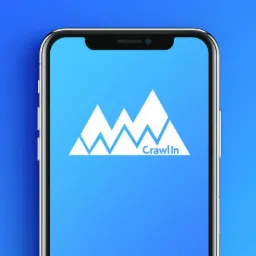 Smartfon z wyświetlonym logo Crawl In na jasnoniebieskim tle, symbolizującym szczyty gór.