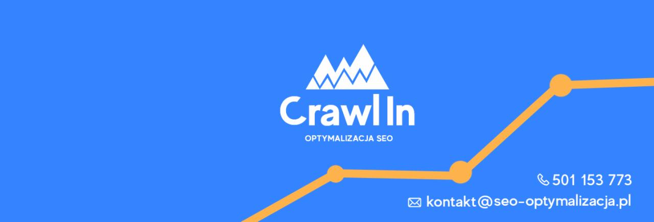 Logo firmy Crawl In na niebieskim tle z wykresem wzrostu, numerem telefonu i adresem e-mail.