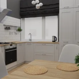 Wizualizacja kuchni w stylu skandynawskim z białymi szafkami, drewnianym blatem, płytkami typu metro i czarną roletą rzymską, stół z plecionymi podkładkami i rośliną doniczkową w tle.