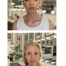Portret kobiety przed i po wykonaniu delikatnego, dziennego makijażu, ukazujący różnicę w wyglądzie cery, oczu i ust. W tle widoczne lustro z oświetleniem i kosmetyki.