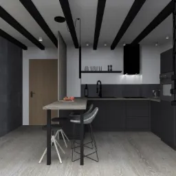 Wizualizacja nowoczesnej kuchni w odcieniach szarości z elementami czerni, widoczne wysokie krzesła barowe przy blacie, schody spiralne oraz dekoracyjny kaktus w doniczce.