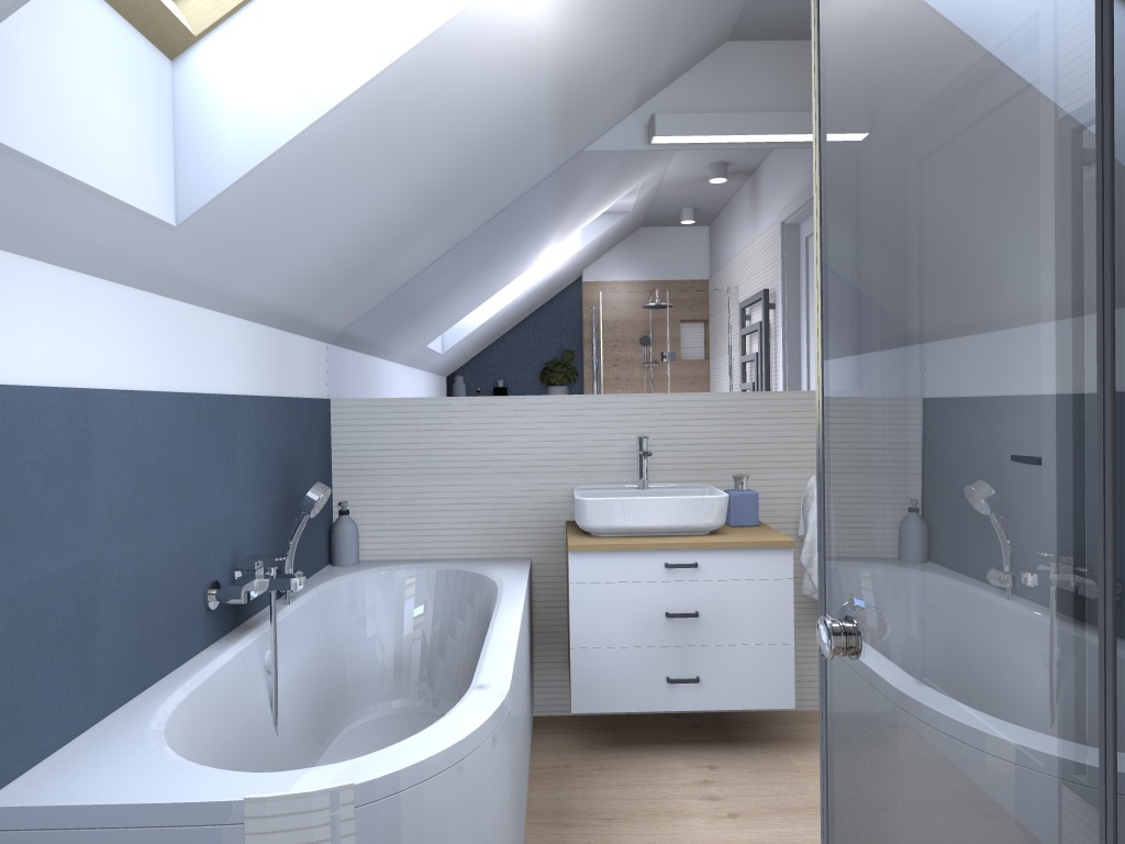 Nowoczesna łazienka na poddaszu ze świetlikiem, białą wanną, umywalką nablatową na szafce z szufladami oraz kabiną prysznicową w tle.