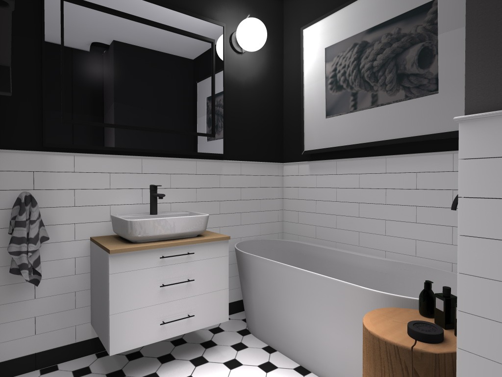 Wizualizacja nowoczesnej łazienki z białą, prostokątną umywalką nablatową na szafce z trzema szufladami, wolnostojącą wanną, czarno-białą szachownicą na podłodze i minimalistycznym oświetleniem.