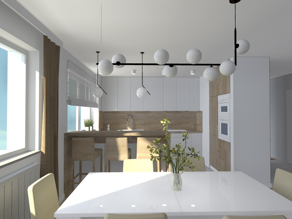 Wnętrze nowoczesnej kuchni z białymi szafkami, drewnianym blatem i wyspą z hokerami, widok z jadalni z białym stołem i krzesłami w kolorze ecru, oświetlonej wiszącą lampą z kulistymi kloszami,...