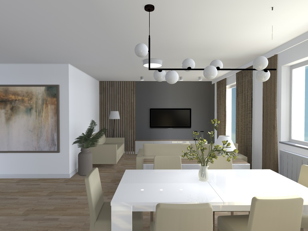 Wizualizacja salonu z jadalnią w odcieniach beżu i bieli, z akcentem na nowoczesną lampę sufitową z kulistymi kloszami i abstrakcyjny obraz na ścianie.