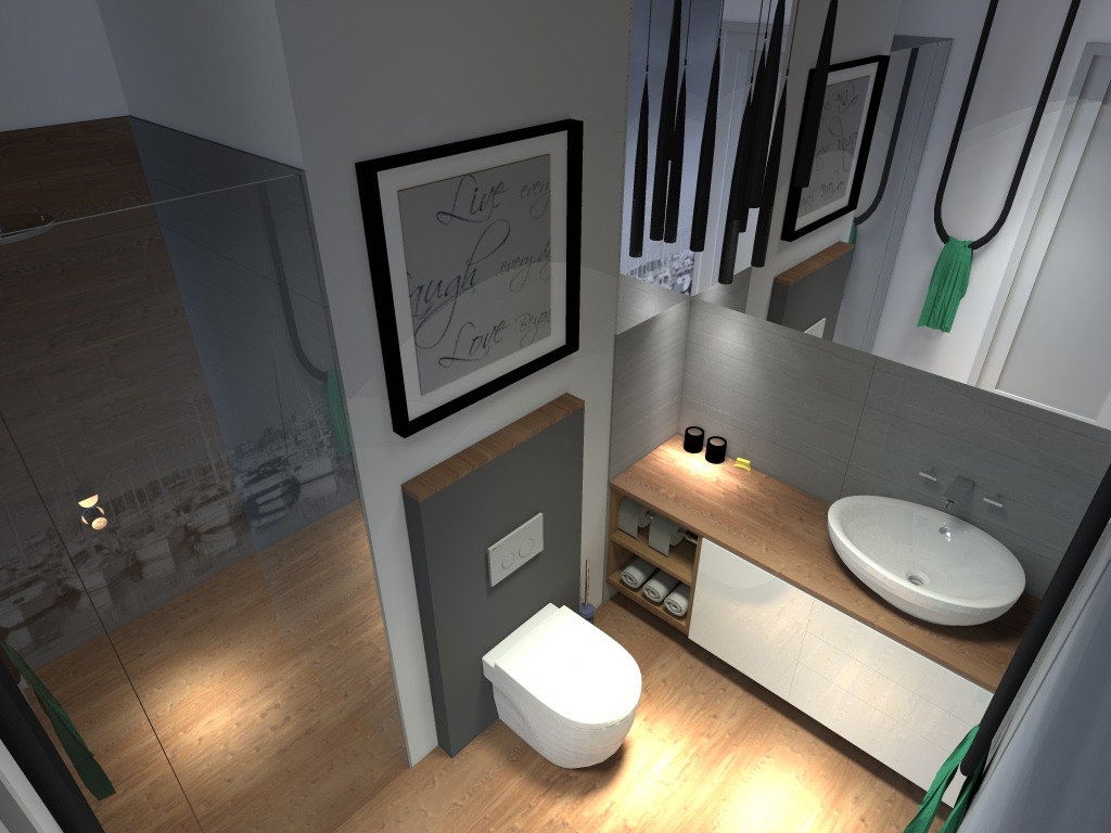 Nowoczesna łazienka z drewnianą podłogą, umywalką nablatową i toaletą w zabudowie, oświetlona ciepłym światłem, z dekoracyjnym obrazem na ścianie i szklaną kabiną prysznicową.