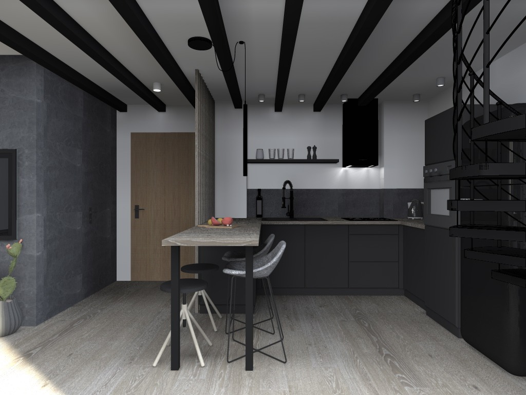 Wizualizacja nowoczesnej kuchni w odcieniach szarości z elementami czerni, widoczne wysokie krzesła barowe przy blacie, schody spiralne oraz dekoracyjny kaktus w doniczce.