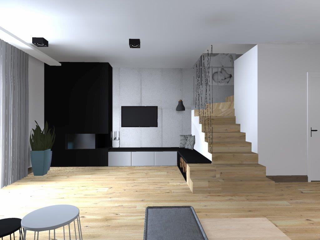 Wizualizacja przestronnego salonu z drewnianymi schodami, czarnym panelem TV i subtelnymi szarymi zasłonami, oświetlonego punktowymi lampami sufitowymi.