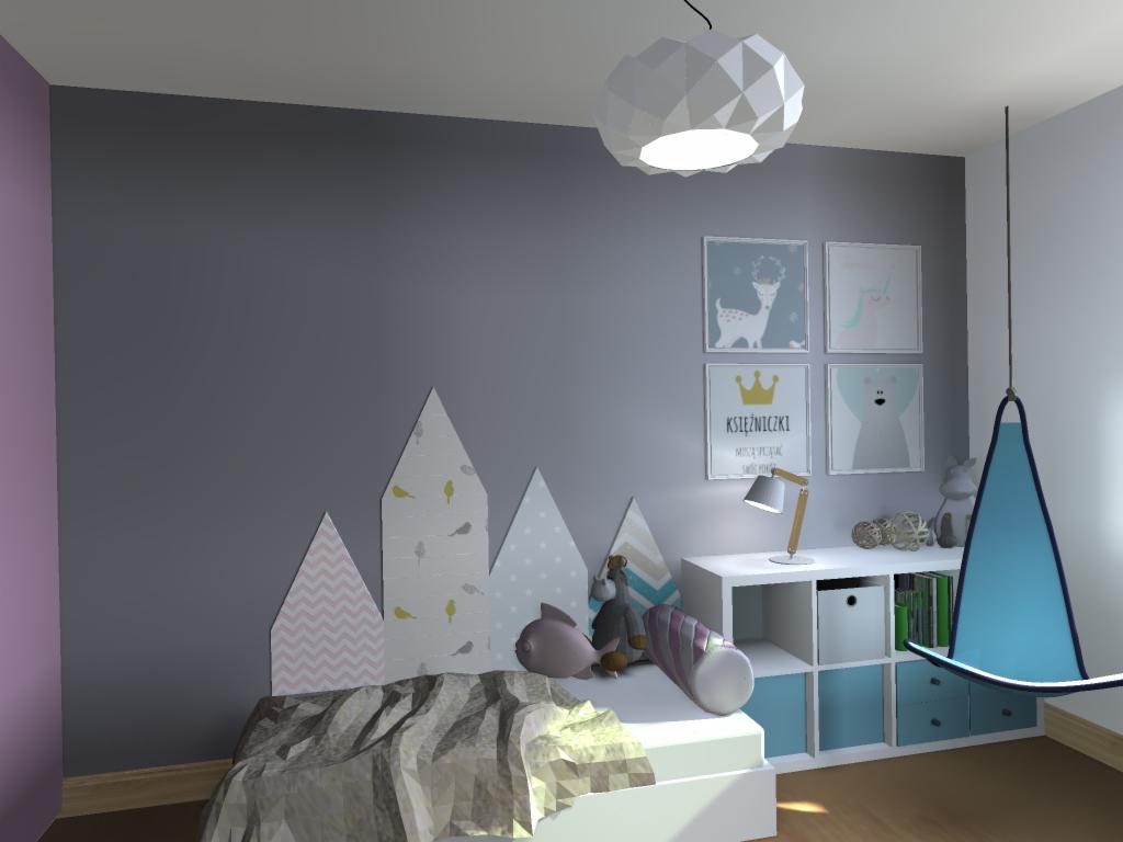 Pokój dziecięcy w szaro-biało-błękitnej kolorystyce z łóżkiem ozdobionym panelami w kształcie gór, wiszącym fotelem i regałem z książkami oraz dekoracjami ściennymi.