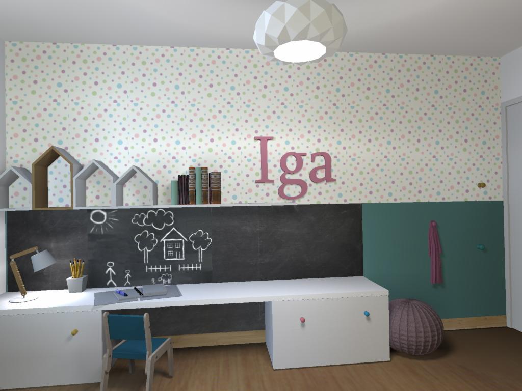 Pokój dziecięcy w Plewiskach z biurkiem, tablicą kredową z rysunkami, kolorową tapetą w kropki i imieniem 'Iga' na ścianie.