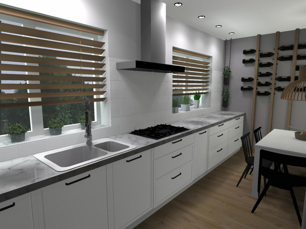 Wnętrze kuchni z białymi szafkami, marmurowym blatem i drewnianymi żaluzjami, uzupełnione wiszącymi półkami na wino i minimalistycznym oświetleniem.