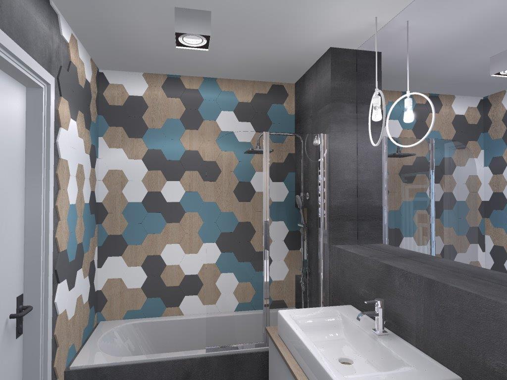 Nowoczesna łazienka z heksagonalnymi płytkami w odcieniach błękitu, szarości, brązu i bieli, oświetlona wiszącymi lampami z okrągłymi kloszami, z kabiną prysznicową i umywalką w minimalistycznym...