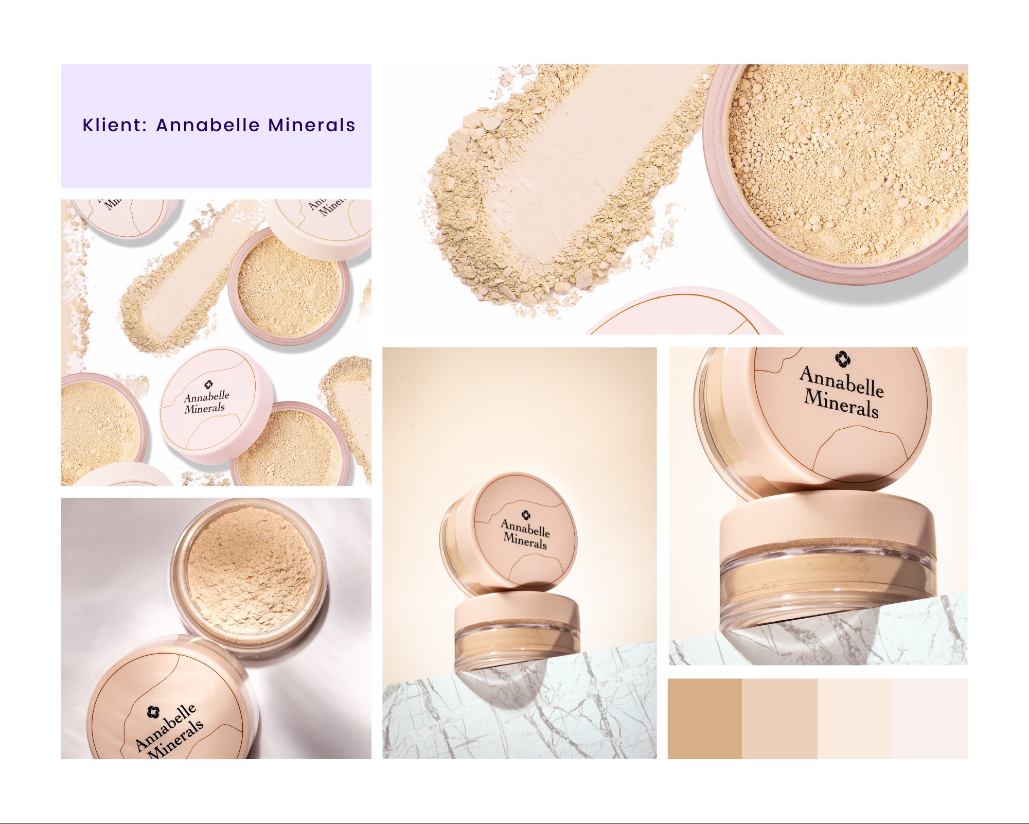 Zestawienie ujęć pudrów mineralnych Annabelle Minerals w różnych aranżacjach, z paletą kolorów i logo klienta. Profesjonalna fotografia produktowa.