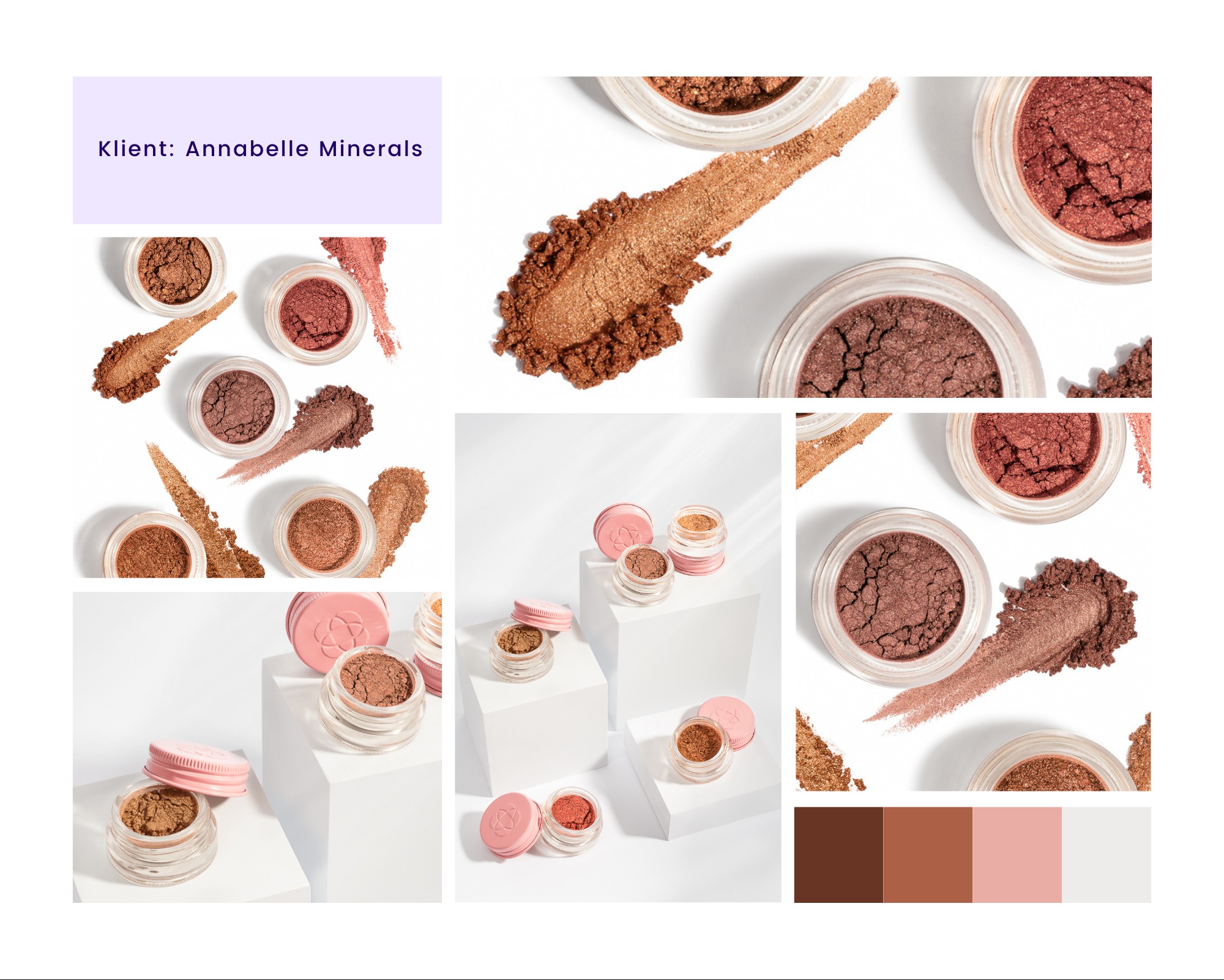 Kompozycja z paletą kolorów: słoiczki z minerałami Annabelle Minerals na białym tle i na podestach, obok rozsypane pigmenty w odcieniach brązu i różu.