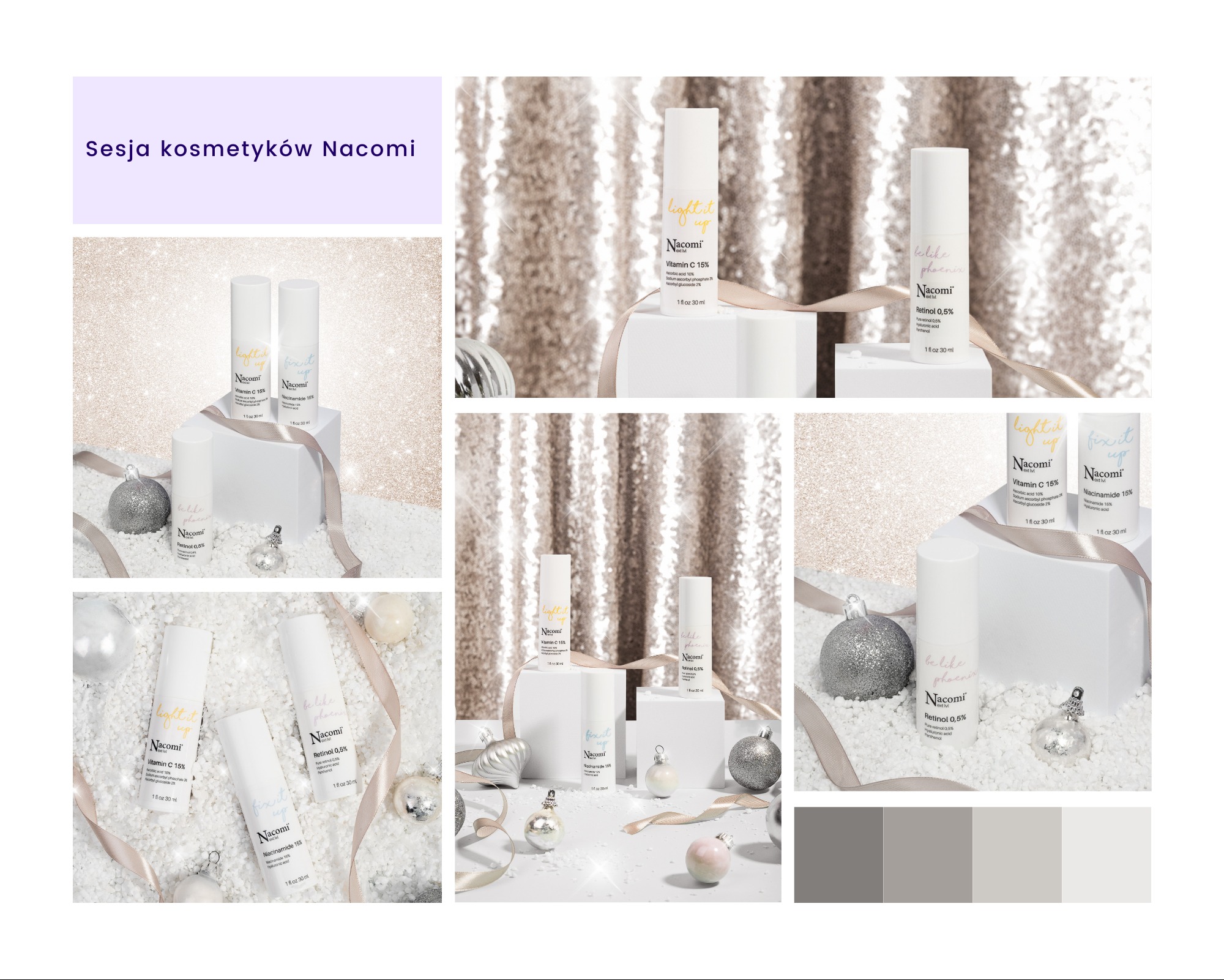 Zestaw kosmetyków Nacomi w świątecznej aranżacji: kremy z witaminą C, retinolem i niacynamidem na białym podłożu z bombkami i wstążką, na tle błyszczącej ściany.