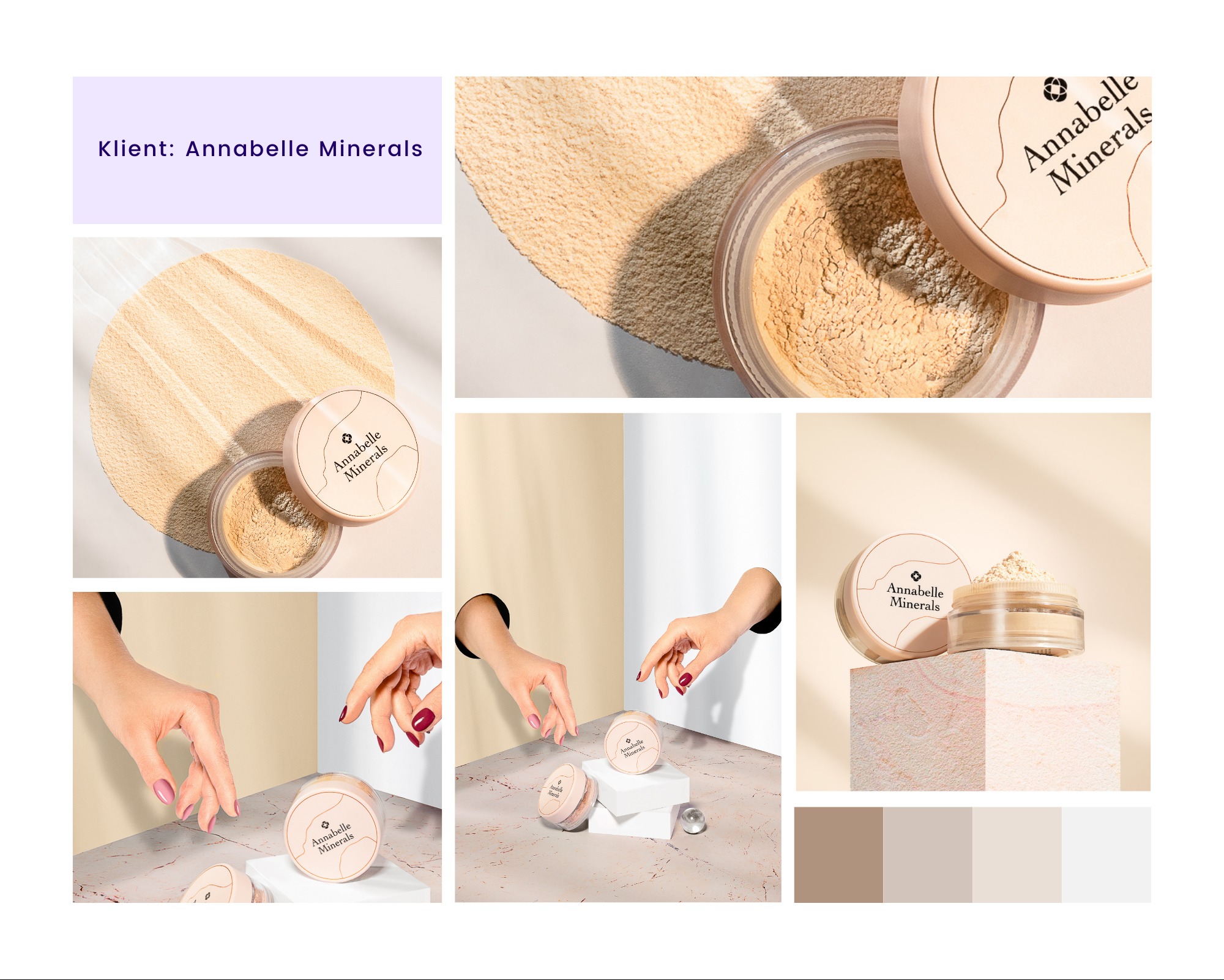 Zestawienie ujęć pudrów Annabelle Minerals w neutralnej tonacji: zbliżenia produktu, dłonie modelki z manicure, paleta kolorów, cień liści. Estetyczna fotografia produktowa.