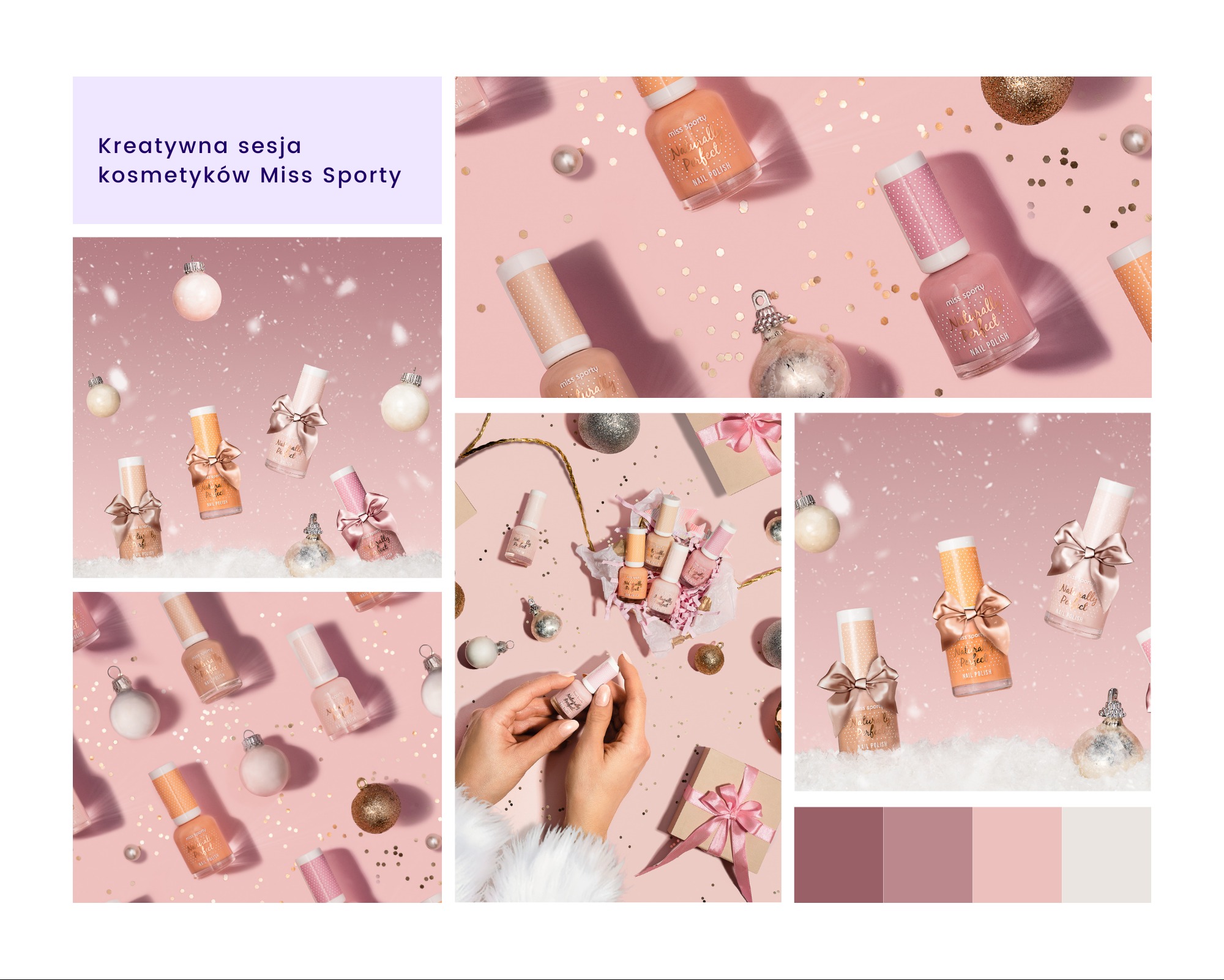 Kreatywna kompozycja produktowa Miss Sporty: kolaż zdjęć lakierów do paznokci w pastelowych odcieniach, ozdobionych kokardkami i świątecznymi bombkami, na różowym tle.