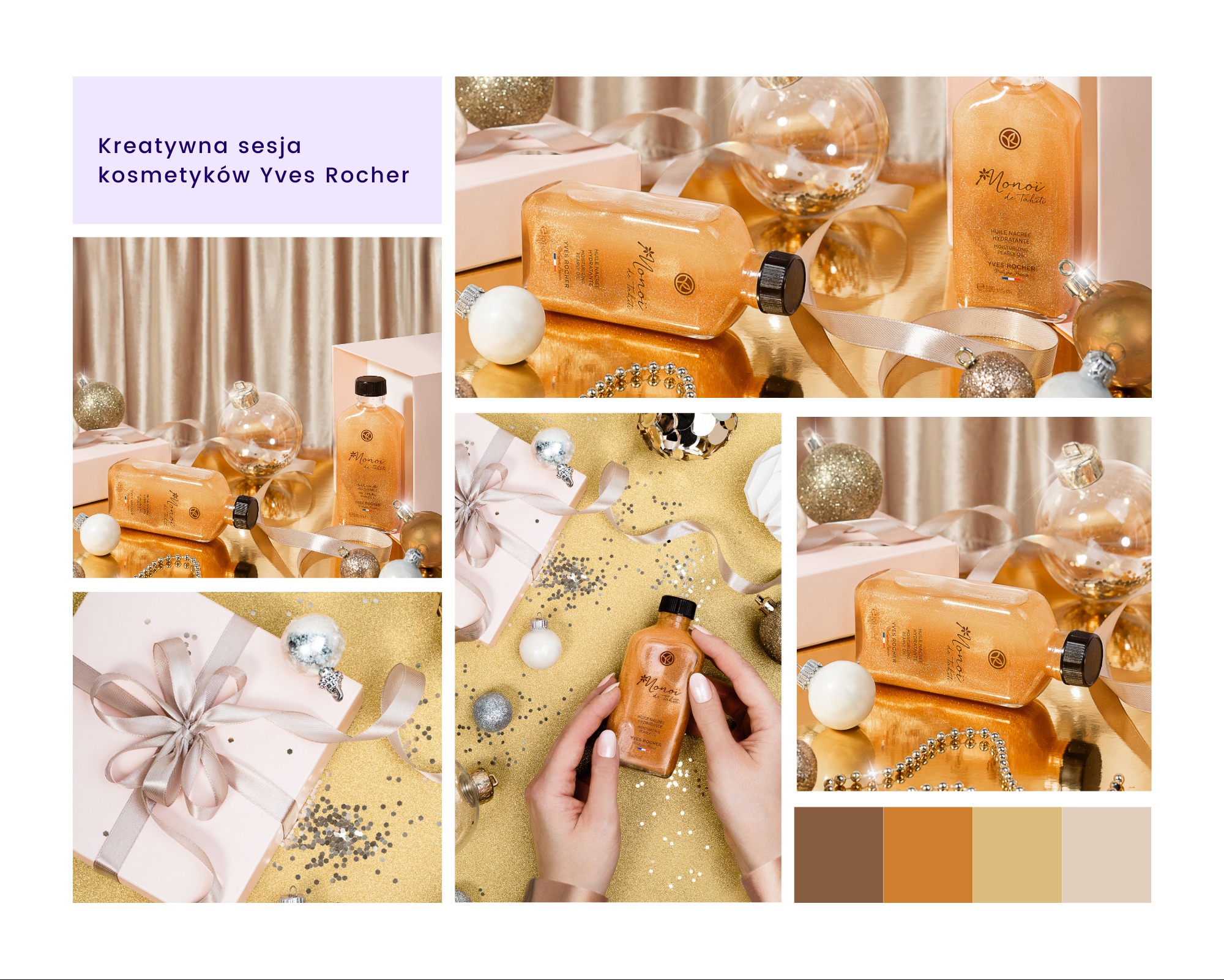 Stylizowana fotografia produktowa Yves Rocher: złoty olejek Monoi na błyszczącym tle z ozdobami świątecznymi i prezentem. Ujęcia z różnych perspektyw.