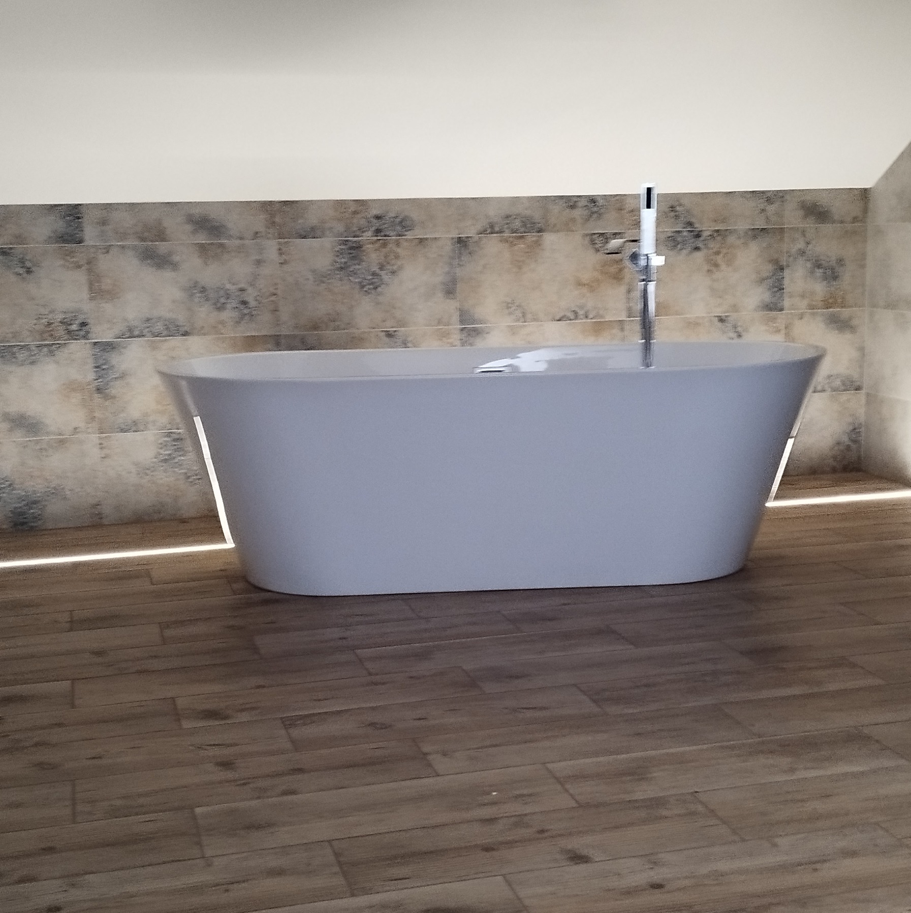 Nowoczesna, wolnostojąca wanna w łazience wykończonej płytkami imitującymi drewno i mozaiką. Podświetlenie LED podkreśla kształt wanny. Bateria wannowa chromowana.