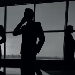 Sylwetki czterech osób w garniturach na tle okna z widokiem na miasto, mężczyzna w środku rozmawia przez telefon.