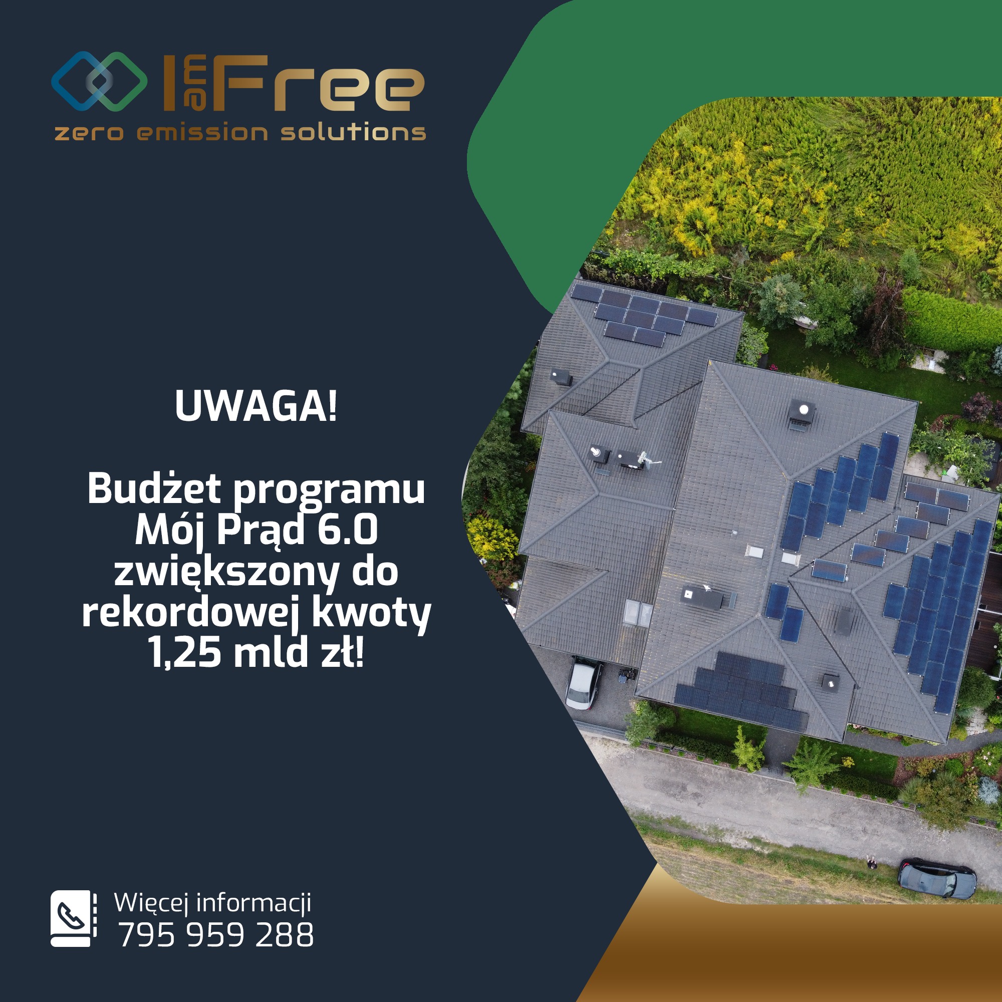 Reklama programu Mój Prąd 6.0 z widokiem z góry na dom z panelami fotowoltaicznymi na dachu.