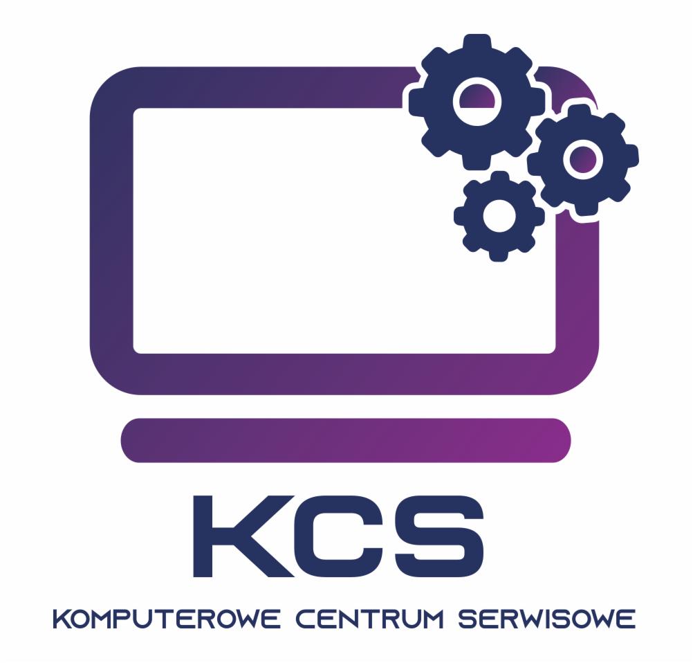 Logo firmy KCS Komputerowe Centrum Serwisowe, stylizowany monitor z trzema zębatkami w prawym górnym rogu, gradient fioletowo-niebieski.