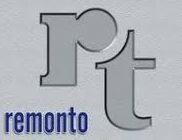 Szare logo 'rt' z nazwą 'remonto' napisaną niebieską czcionką poniżej, na szarym tle.