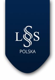 Logo kancelarii prawnej LSS Polska na ciemnoniebieskim tle, z stylizowanym symbolem paragrafu w centrum.
