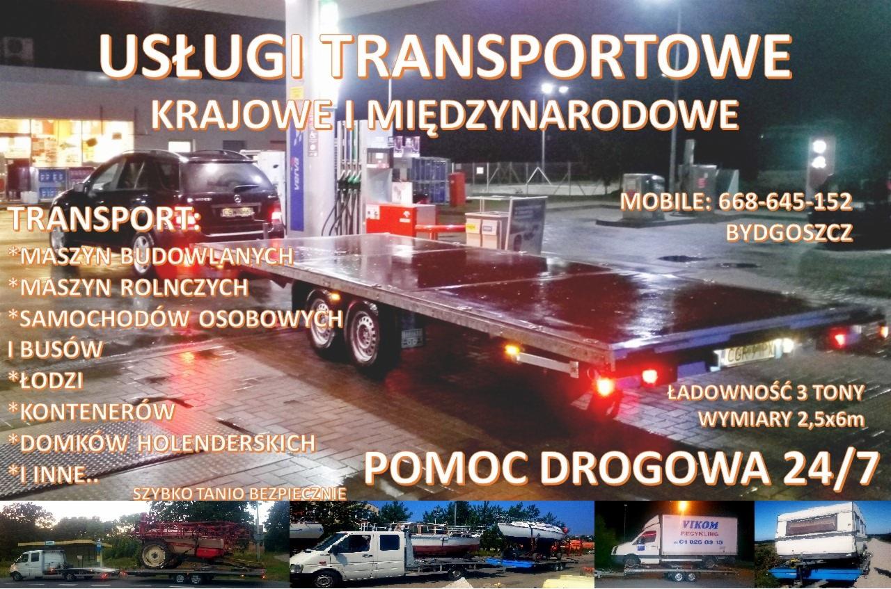 Ogłoszenie firmy transportowej z Bydgoszczy oferującej usługi krajowe i międzynarodowe, w tym transport maszyn budowlanych, rolniczych, samochodów osobowych, łodzi, kontenerów i domków...