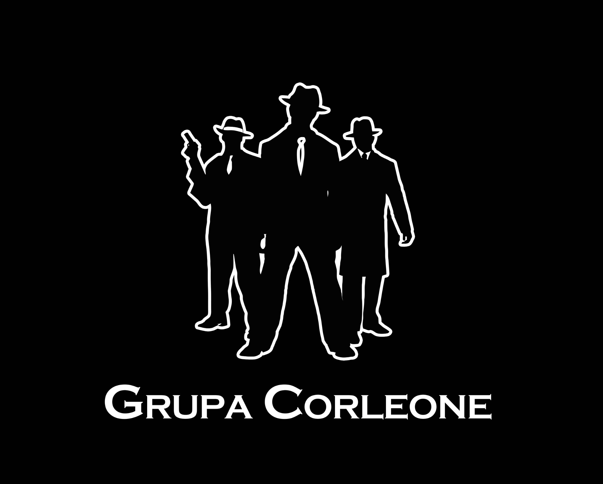 Grafika przedstawiająca trzy sylwetki mężczyzn w kapeluszach i garniturach, z których jeden trzyma pistolet, poniżej napis 'GRUPA CORLEONE' na czarnym tle.