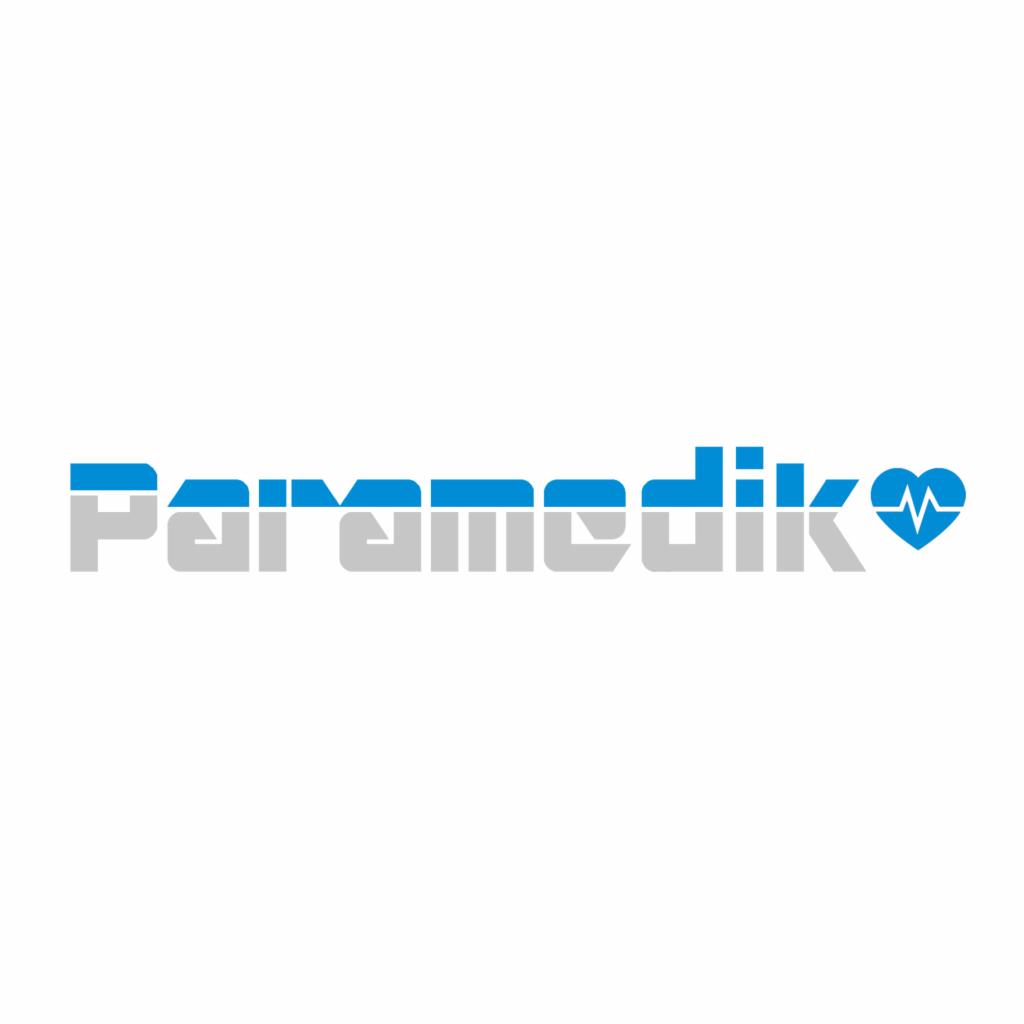 Logo firmy 'Paramedik' w kolorze niebiesko-szarym z symbolem serca i EKG.