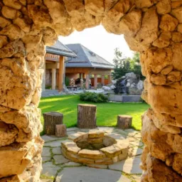 Ogród z paleniskiem otoczonym kamienną obudową i siedziskami z pniaków, widok przez kamienny łuk, w tle budynek z elementami drewnianymi i kaskada wodna.