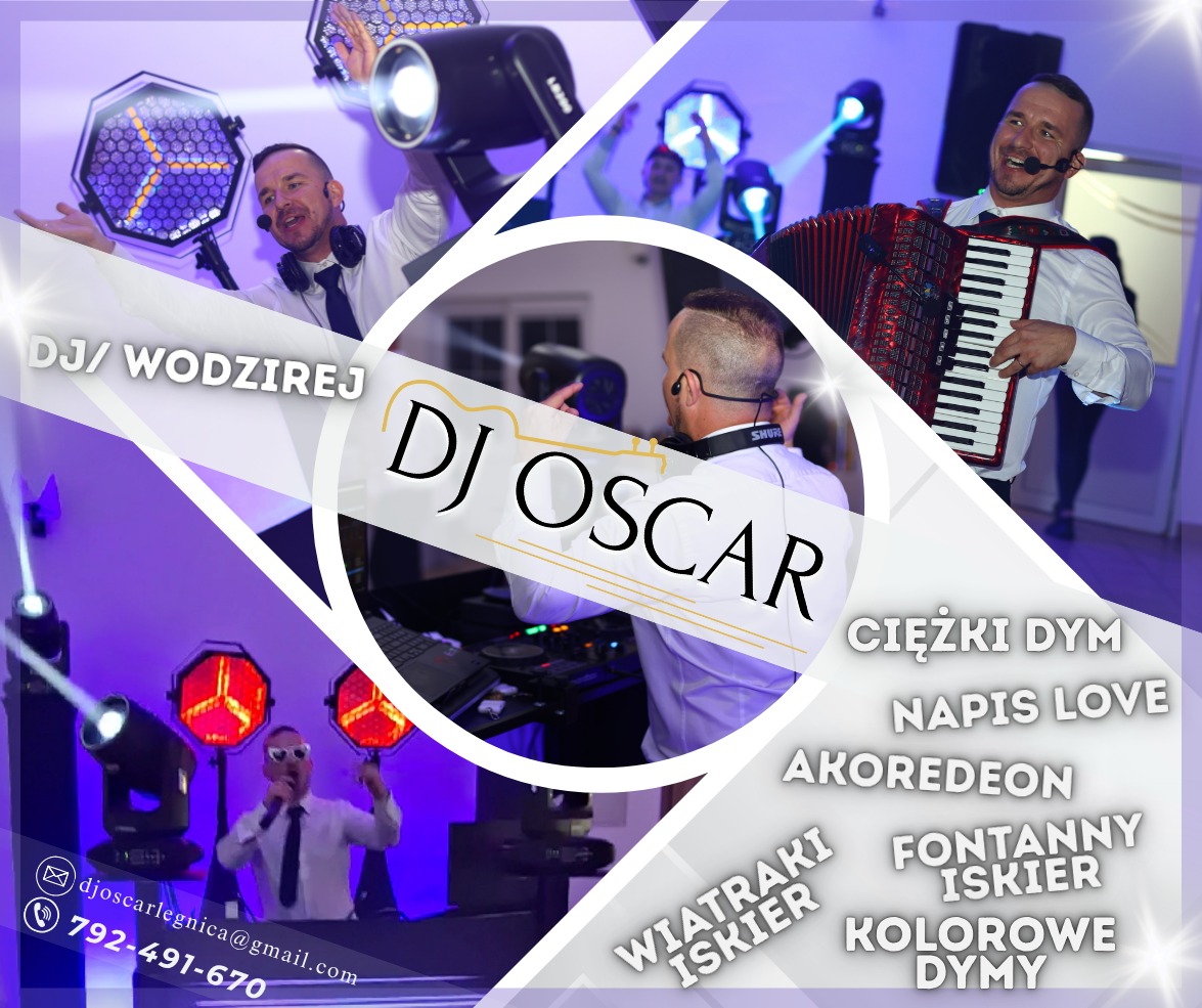Kolaż z DJ Oscar: wodzirej z akordeonem, mikrofonem i sprzętem DJ-skim, efekty świetlne, ciężki dym, napisy LOVE i fontanny iskier. Dynamiczna kompozycja.