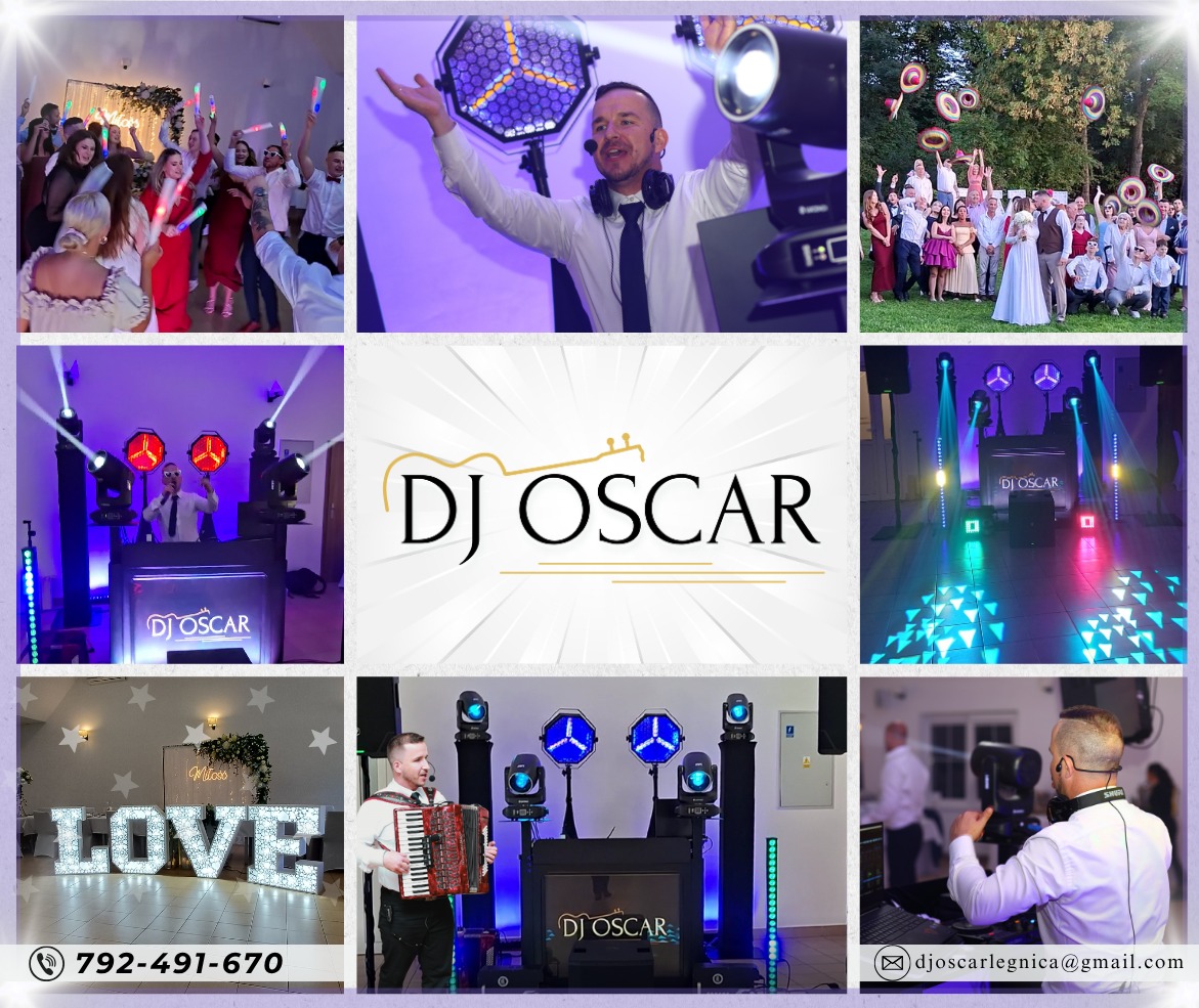 DJ Oscar prezentuje różnorodne ujęcia z imprez: od rozświetlonych parkietów po plenerowe wesela z kapeluszami w górze. Widoczne efekty świetlne i dekoracje LOVE.