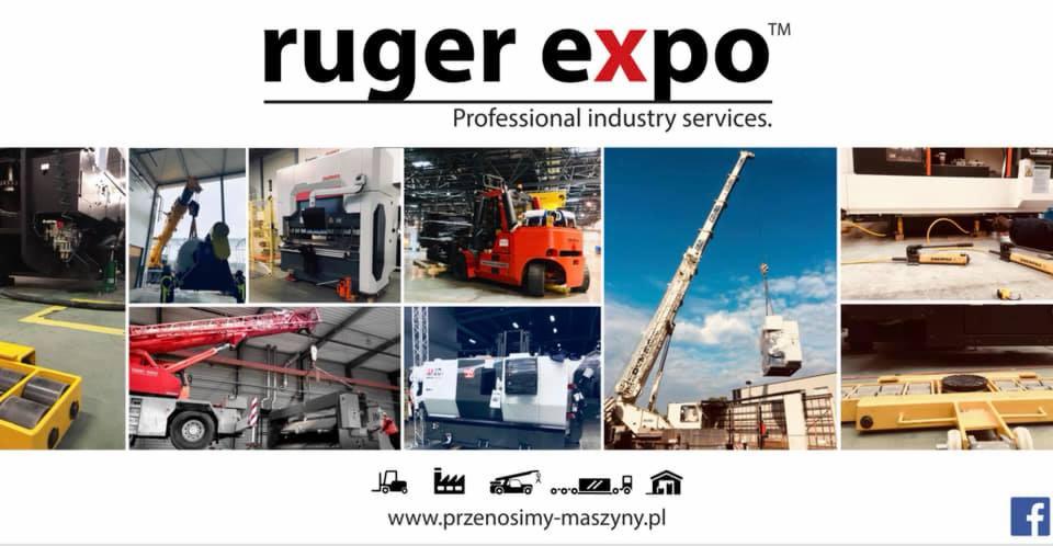 Kompozycja zdjęć prezentująca różne etapy przenoszenia i instalacji maszyn przemysłowych, w tym dźwigi, wózki widłowe i specjalistyczne narzędzia, z logo firmy Ruger Expo w górnej części i adresem...