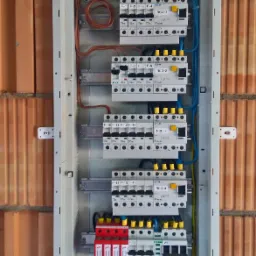 Otwarta skrzynka rozdzielcza z zabezpieczeniami różnicowoprądowymi Eaton i przewodami na ścianie z cegły dziurawki.