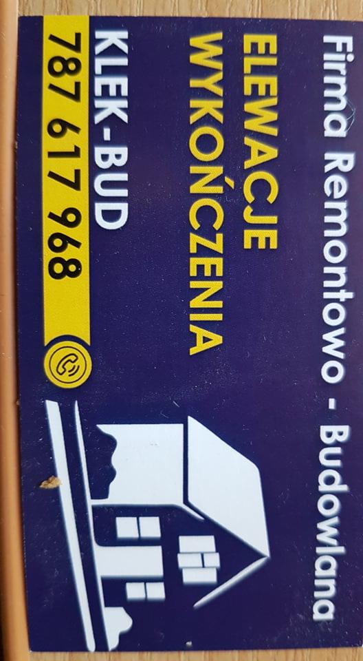Wizytówka firmy remontowo-budowlanej Klek-Bud z numerem telefonu 787 617 968, oferującej elewacje i wykończenia.
