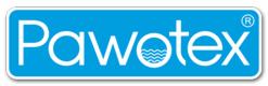 Logo Pawotex z falistym symbolem w okręgu, umieszczone na zaokrąglonym, błękitnym tle.